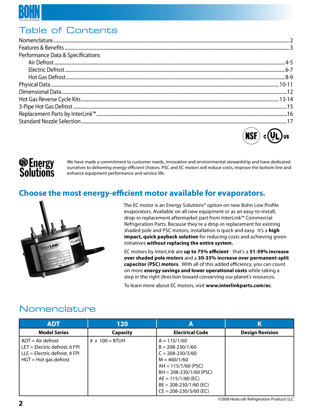 Heatcraft Refrigeration Products BN-LOPTB manual Table of Contents, Nomenclature 