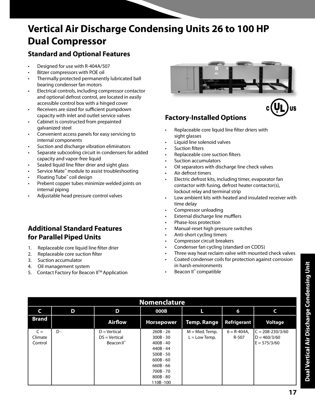 Heatcraft Refrigeration Products CC-CUBZTB manual Additional Standard Features for Parallel Piped Units 