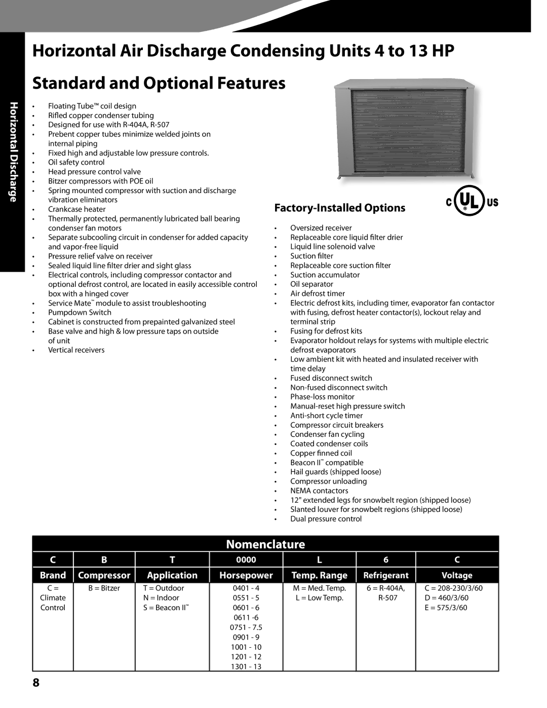 Heatcraft Refrigeration Products CC-CUBZTB manual Horizontal Discharge, Temp. Range Refrigerant Voltage 