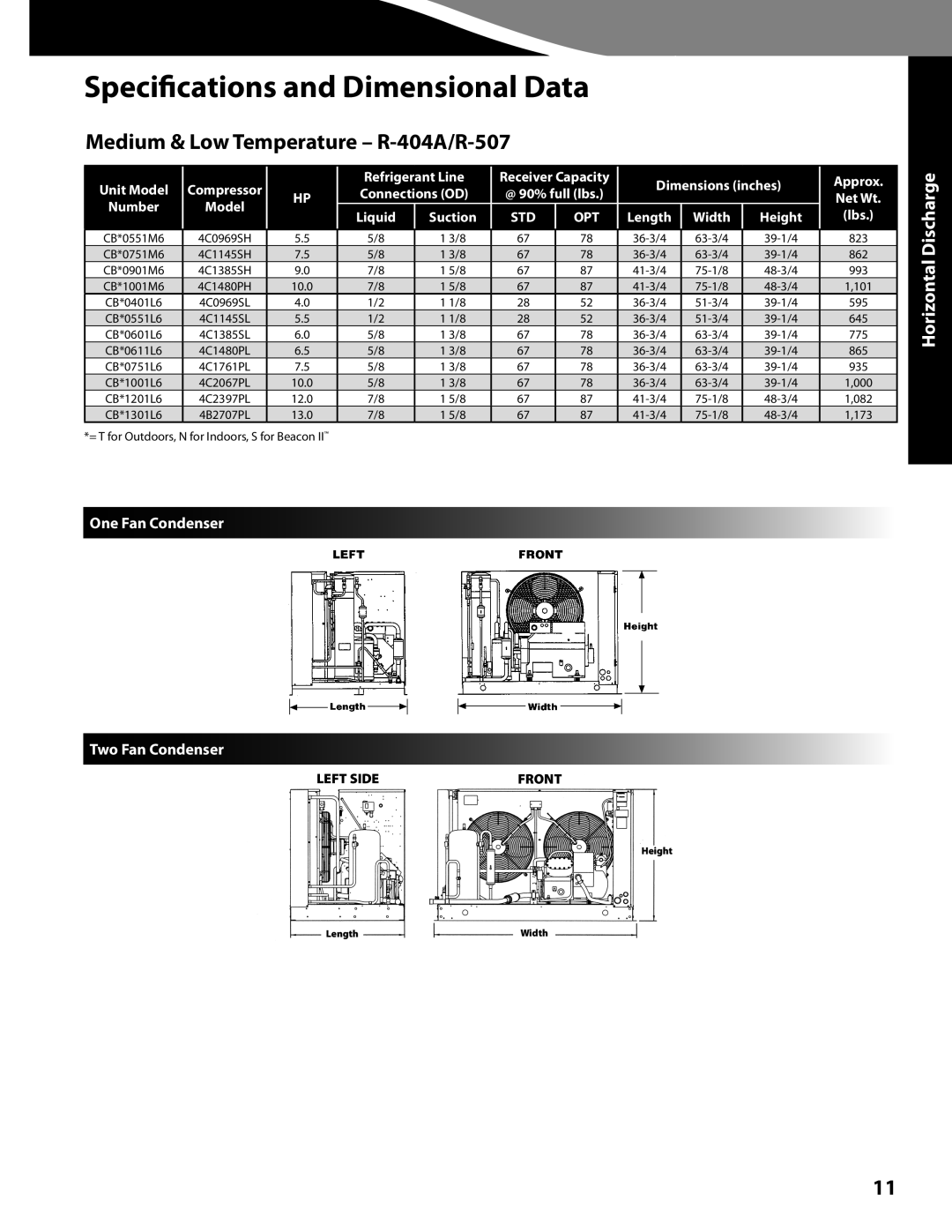 Heatcraft Refrigeration Products CC-CUBZTB Specifications and Dimensional Data, Medium & Low Temperature - R-404A/R-507 