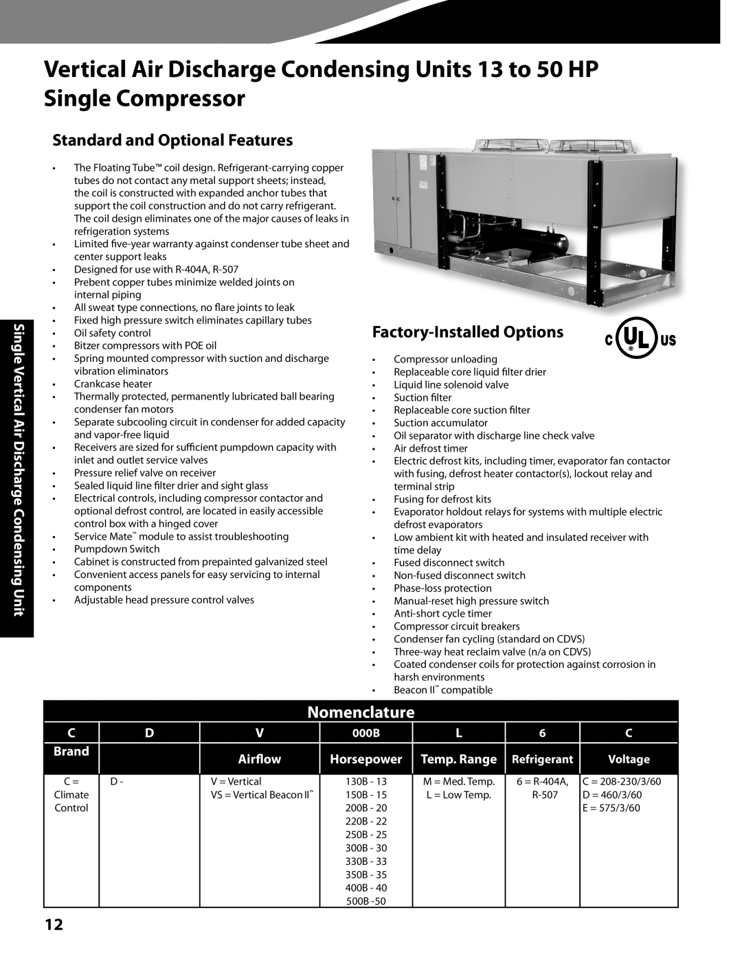 Heatcraft Refrigeration Products CC-CUBZTB Standard and Optional Features, Factory-InstalledOptions, Nomenclature, 000B 