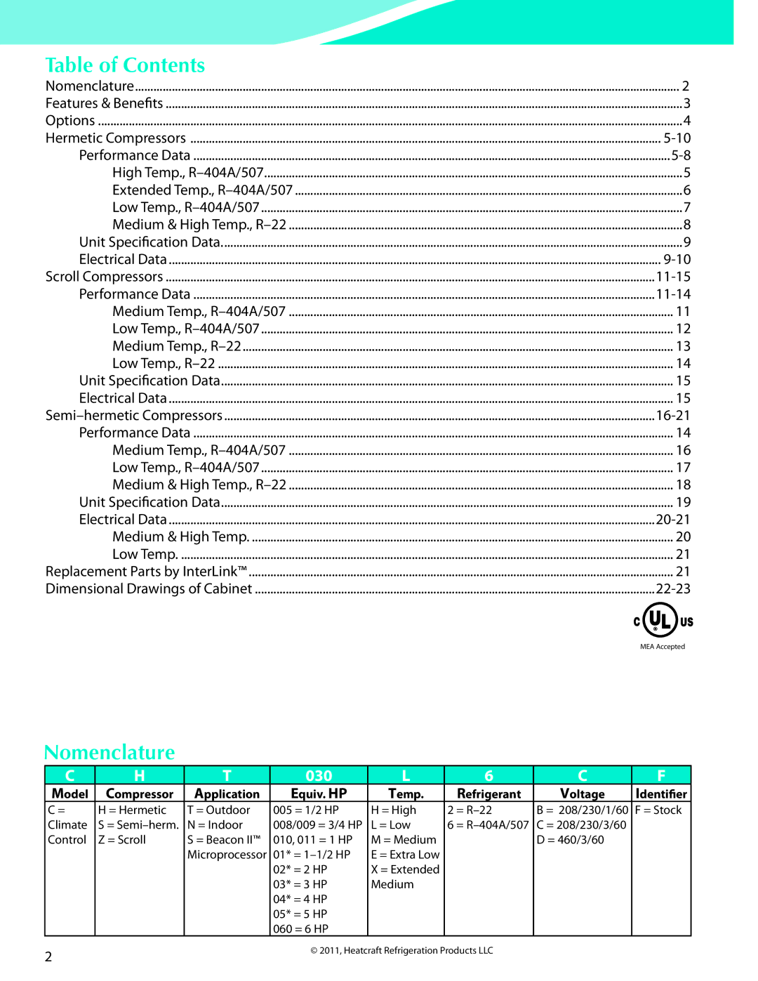 Heatcraft Refrigeration Products CC-HTSTB manual Table of Contents, Nomenclature 