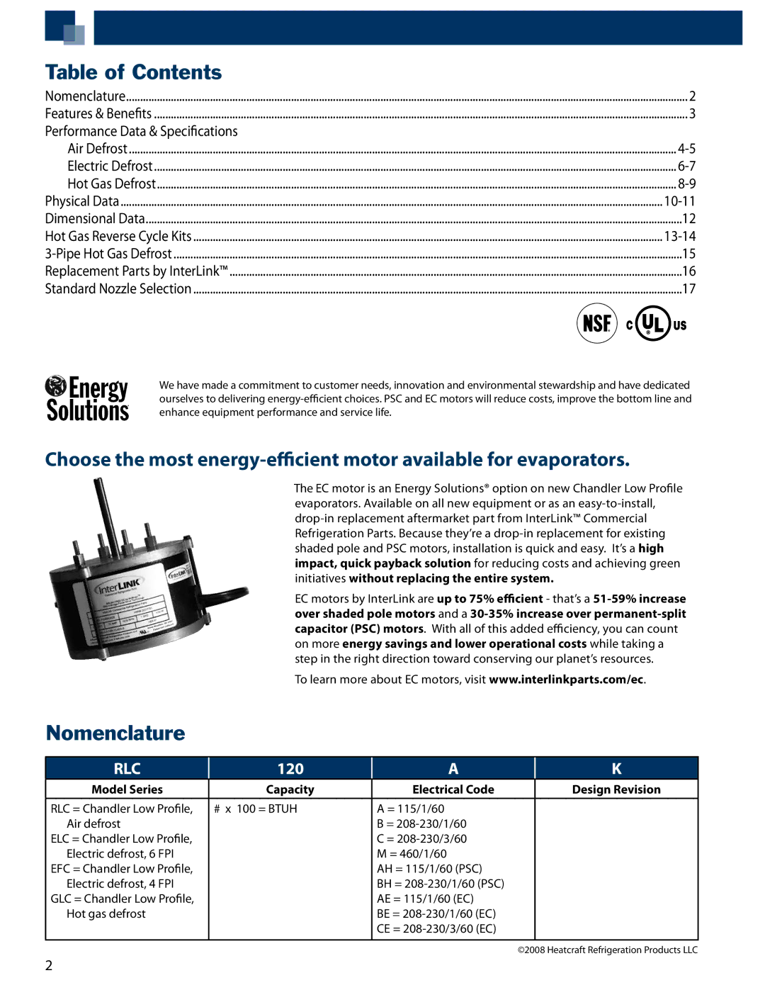 Heatcraft Refrigeration Products ELC/EFC, GLC, RLC manual Table of Contents, Nomenclature 