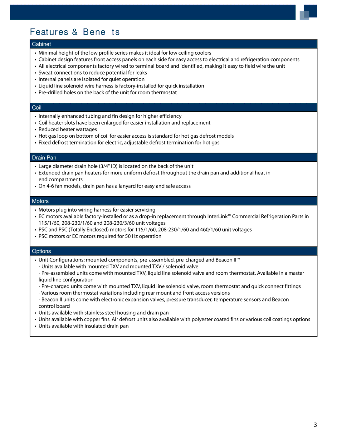 Heatcraft Refrigeration Products GLC, RLC, ELC/EFC manual Features & Benefits 