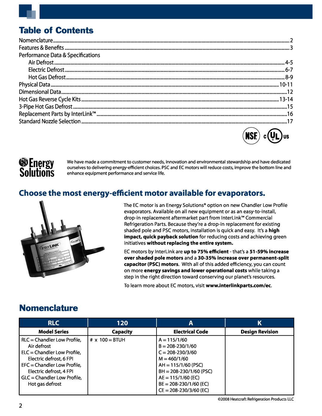 Heatcraft Refrigeration Products ELC/EFC, GLC, RLC manual Table of Contents, Nomenclature 