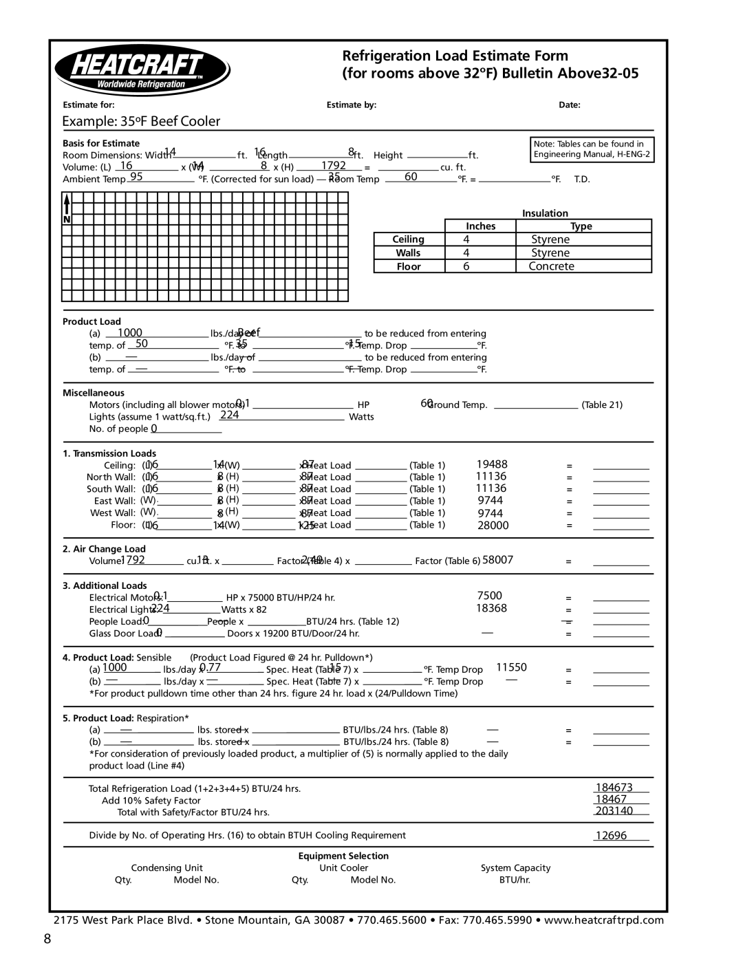 Heatcraft Refrigeration Products H-ENGM0806, H-ENGM0408 manual Example 35ºF Beef Cooler 