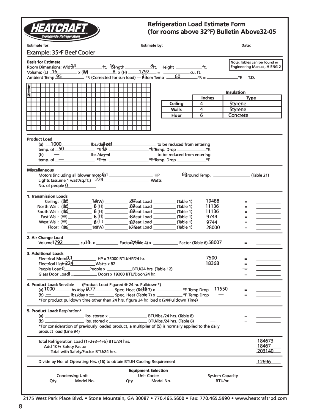 Heatcraft Refrigeration Products H-ENGM0806, H-ENGM0408 manual Example 35ºF Beef Cooler, Refrigeration Load Estimate Form 