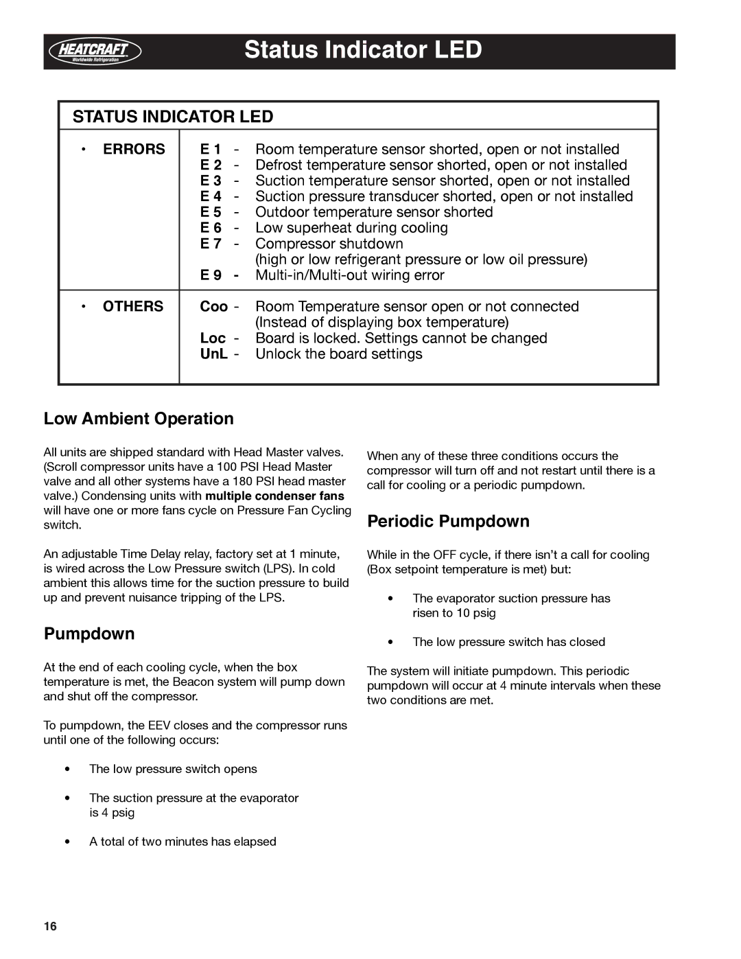 Heatcraft Refrigeration Products H-IM-79E manual Status Indicator LED, Low Ambient Operation, Periodic Pumpdown 