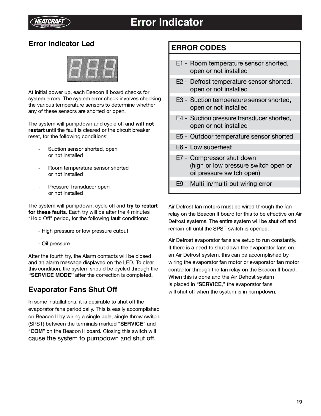 Heatcraft Refrigeration Products H-IM-79E manual Error Indicator Led, Evaporator Fans Shut Off 