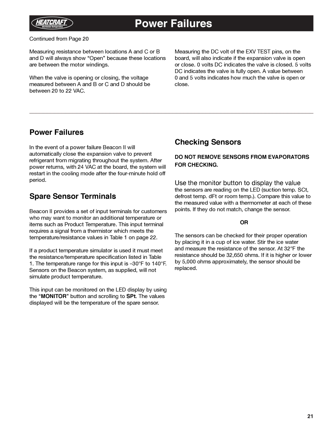 Heatcraft Refrigeration Products H-IM-79E manual Power Failures, Spare Sensor Terminals, Checking Sensors 