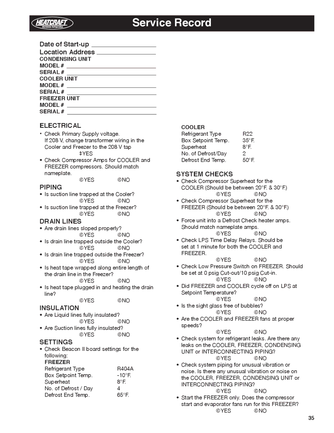 Heatcraft Refrigeration Products H-IM-79E manual Service Record 