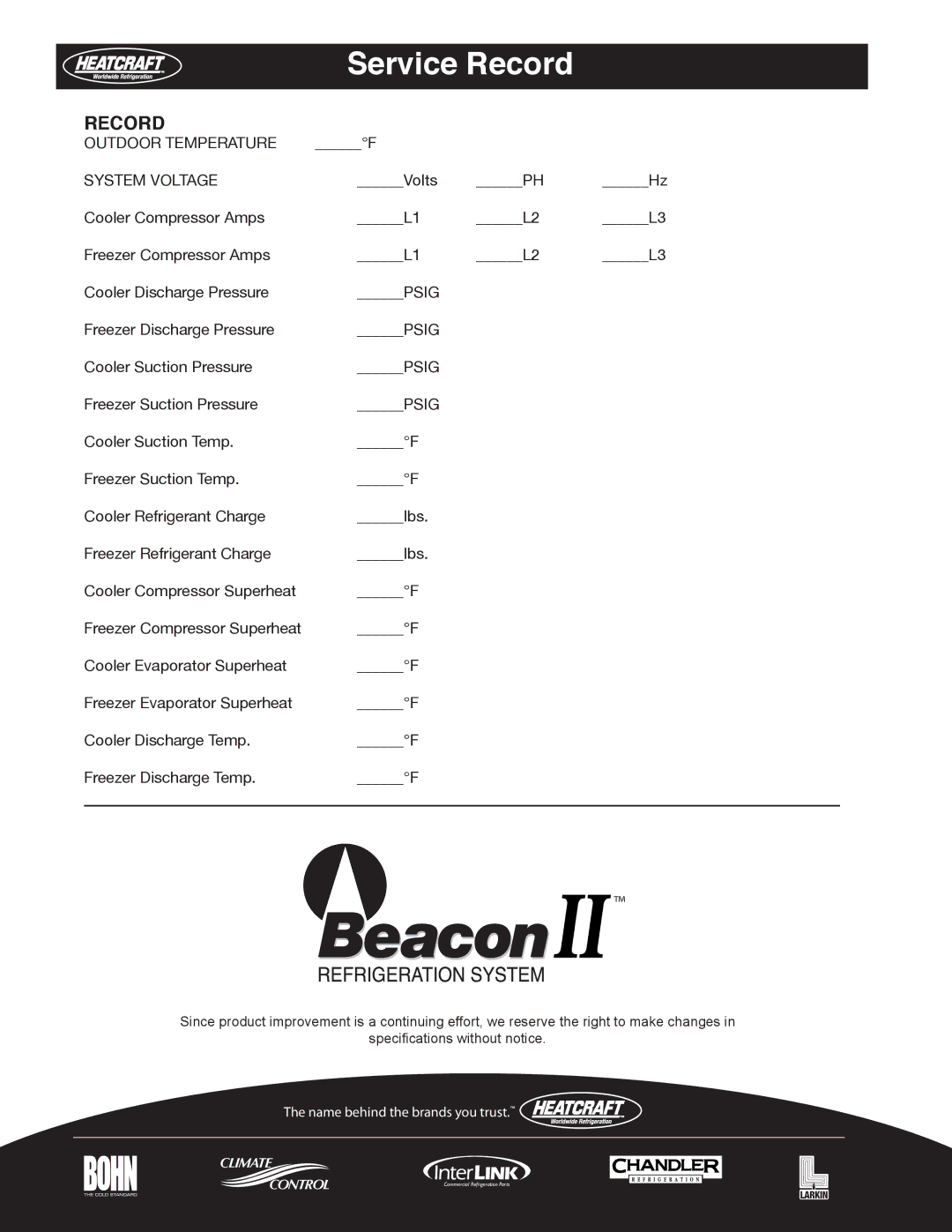 Heatcraft Refrigeration Products H-IM-79E manual Record, Outdoor Temperature System Voltage 