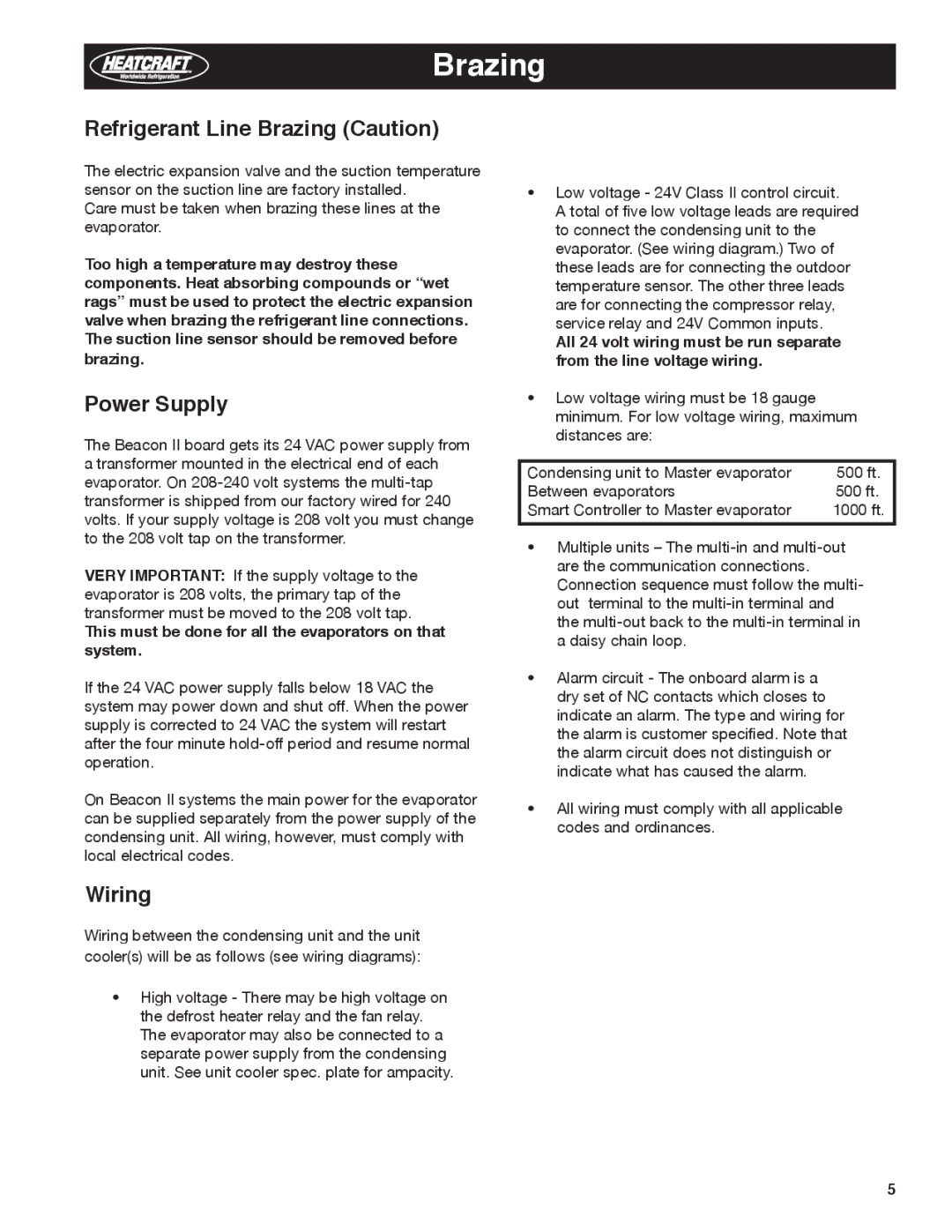 Heatcraft Refrigeration Products H-IM-79E manual Refrigerant Line Brazing Caution, Power Supply, Wiring 