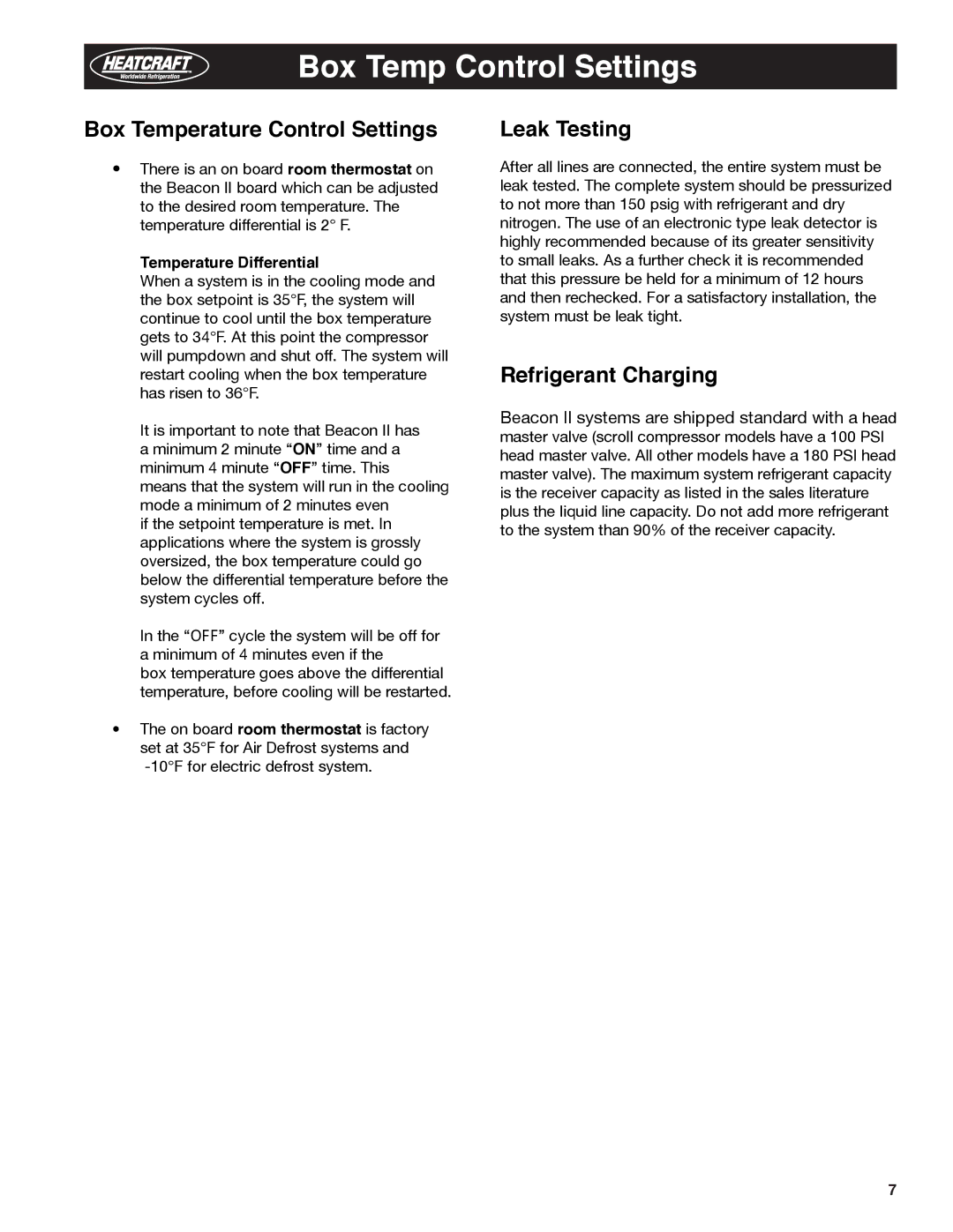 Heatcraft Refrigeration Products H-IM-79E manual Box Temp Control Settings, Box Temperature Control Settings, Leak Testing 