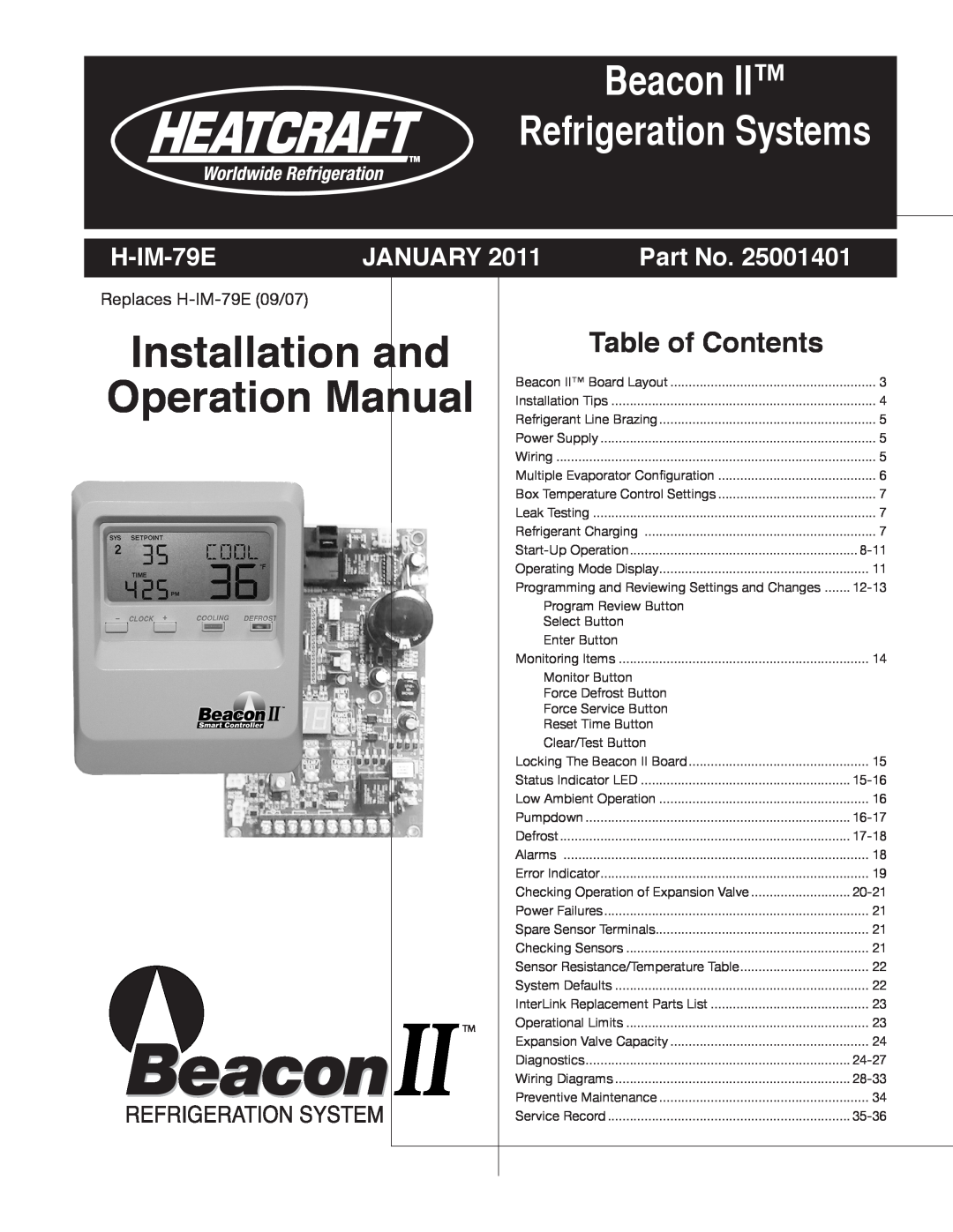 Heatcraft Refrigeration Products H-IM-79E manual Table of Contents, Installation and, Operation Manual, January, Part No 