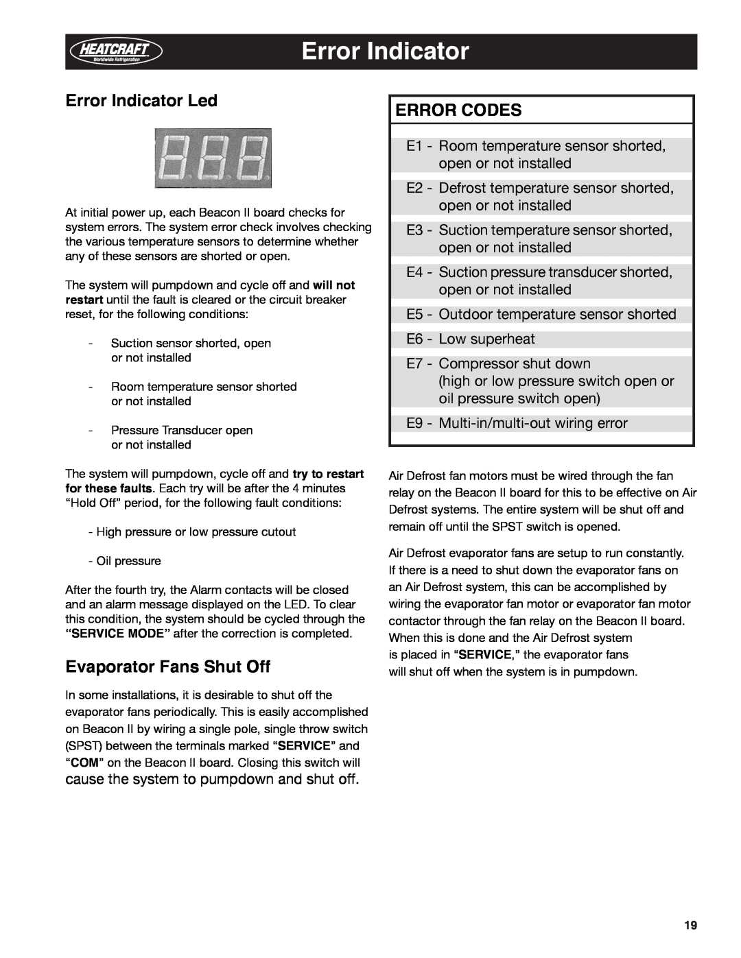 Heatcraft Refrigeration Products H-IM-79E manual Error Indicator Led, Evaporator Fans Shut Off, Error Codes 