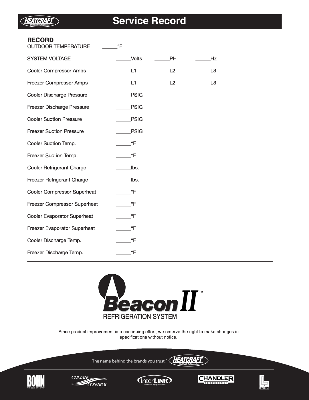 Heatcraft Refrigeration Products H-IM-79E manual Service Record 