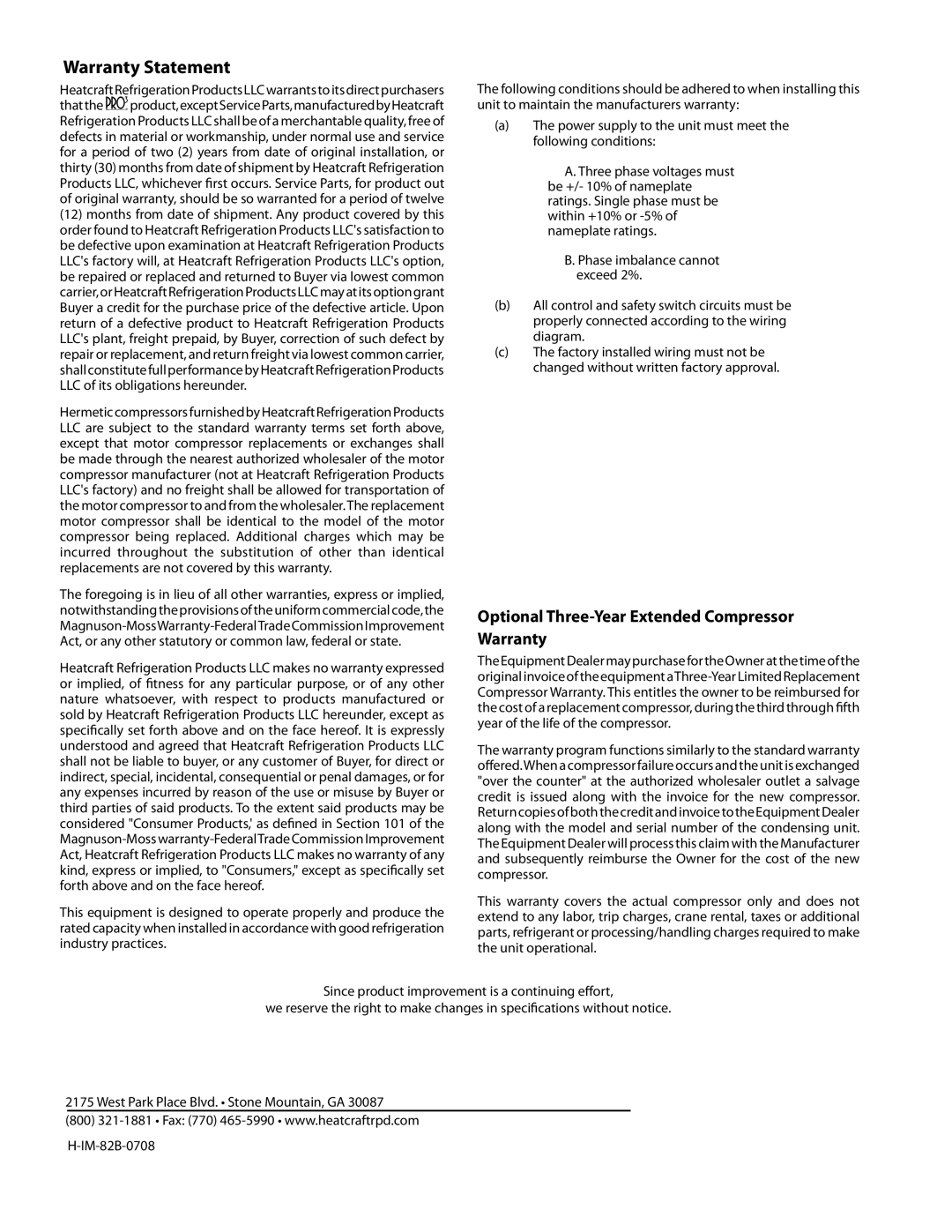 Heatcraft Refrigeration Products H-IM-82B Warranty Statement, Optional Three-Year Extended Compressor Warranty 