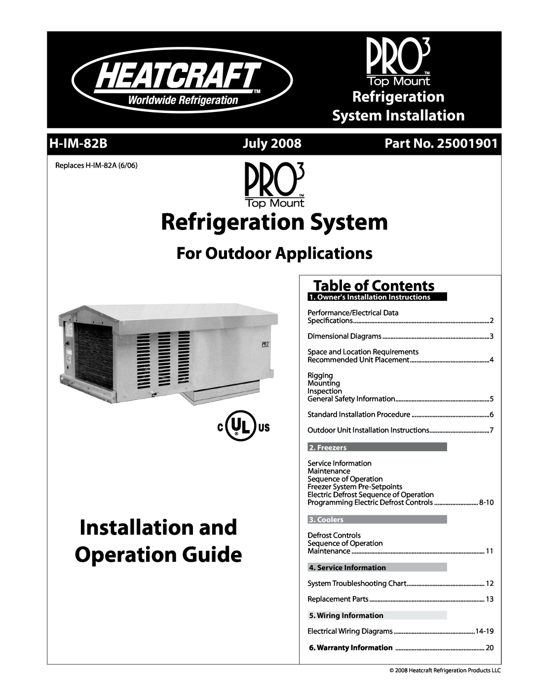 Heatcraft Refrigeration Products H-IM-82B installation and operation guide Table of Contents, Refrigeration System, July 