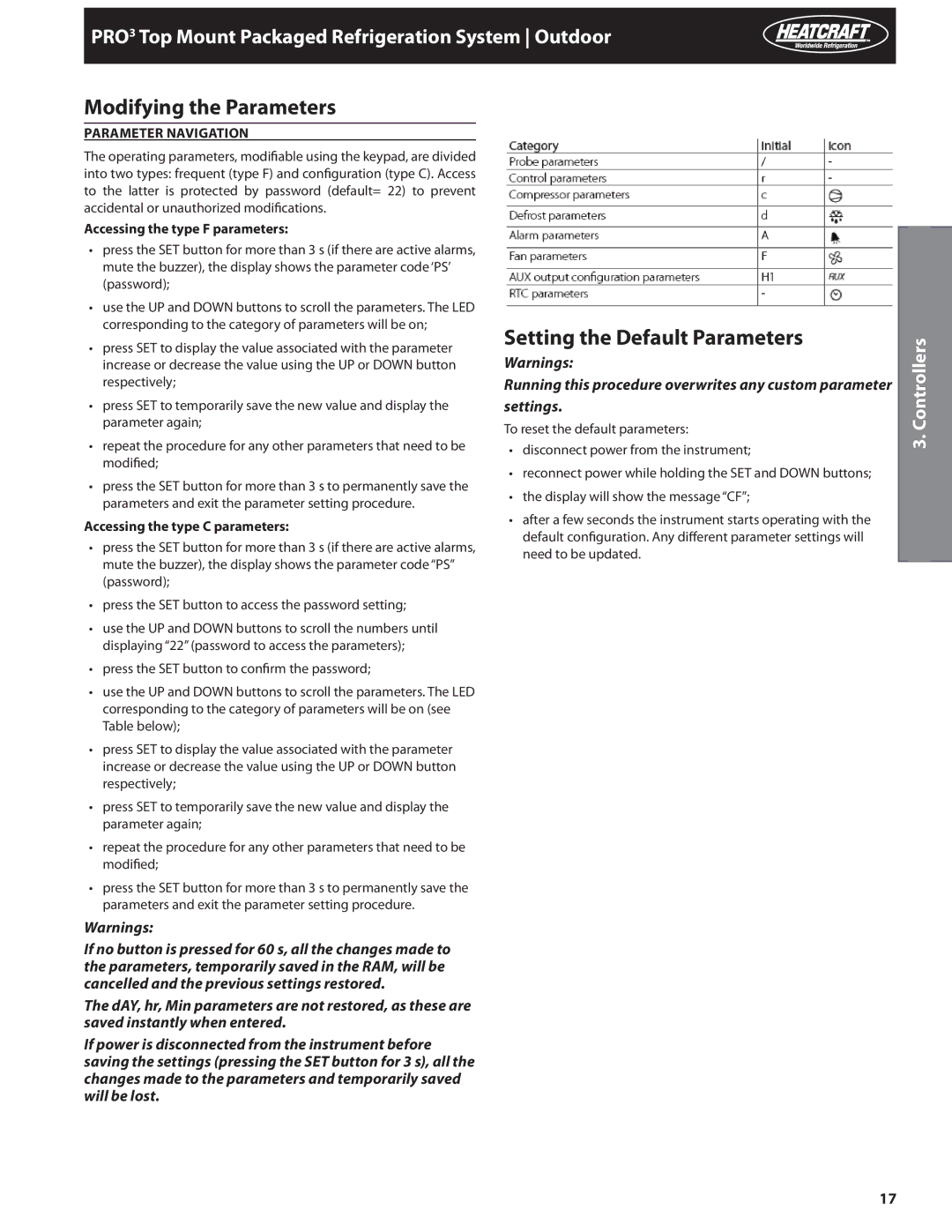 Heatcraft Refrigeration Products H-IM-82C Modifying the Parameters, Setting the Default Parameters 