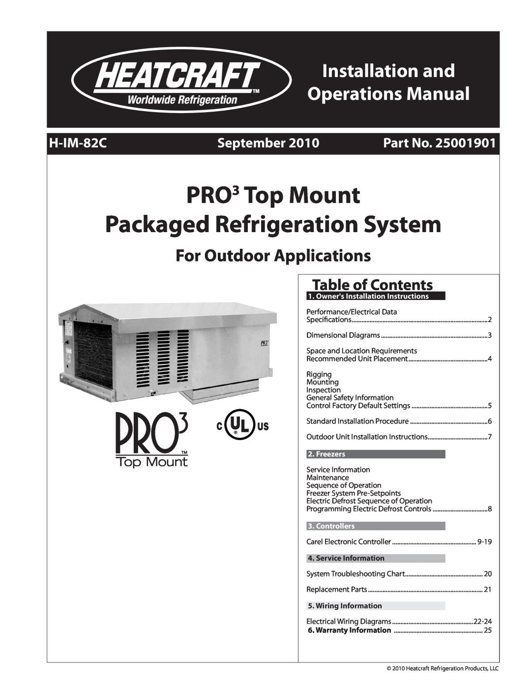 Heatcraft Refrigeration Products H-IM-82C installation instructions Table of Contents, PRO 3 Top Mount, Installation and 