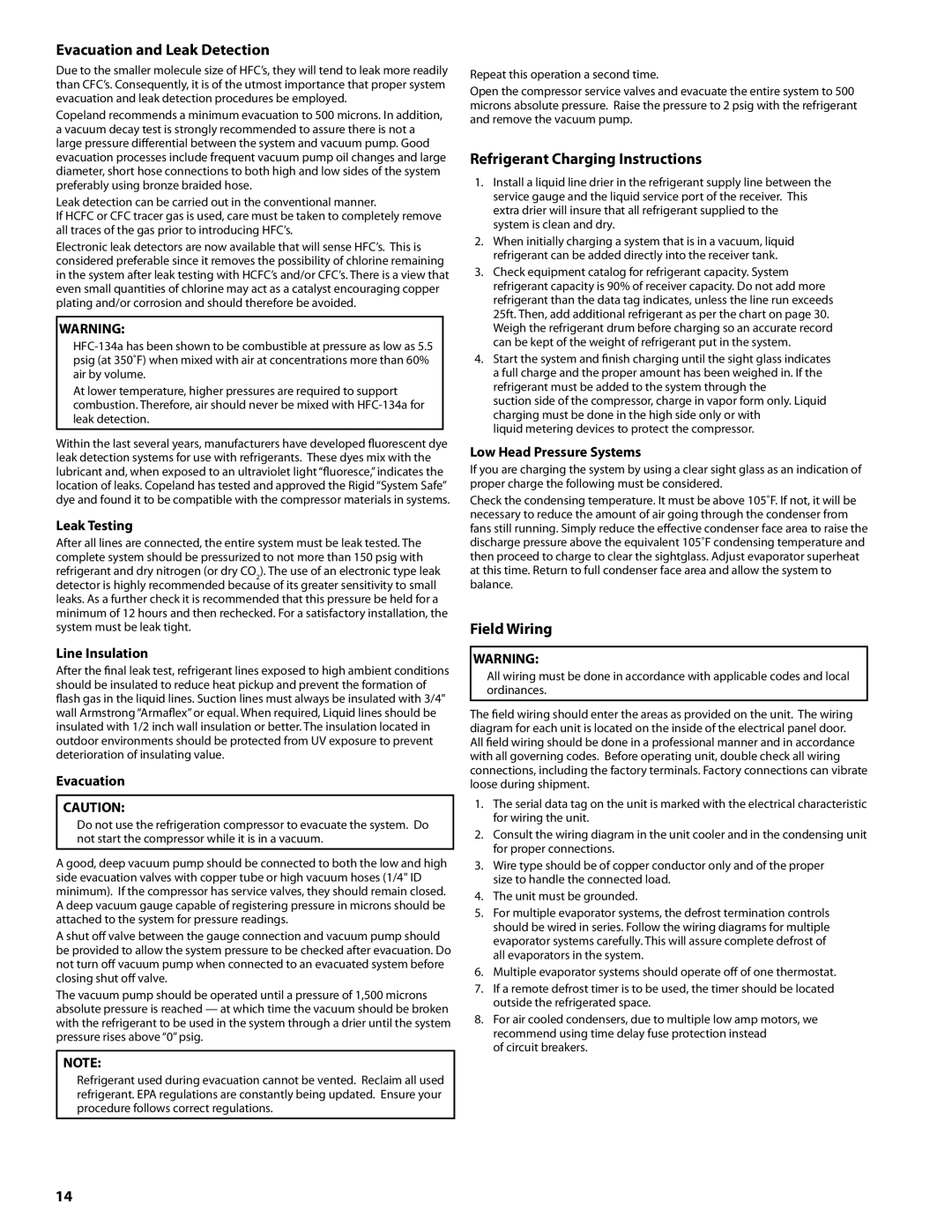 Heatcraft Refrigeration Products H-IM-CU Evacuation and Leak Detection, Refrigerant Charging Instructions, Field Wiring 