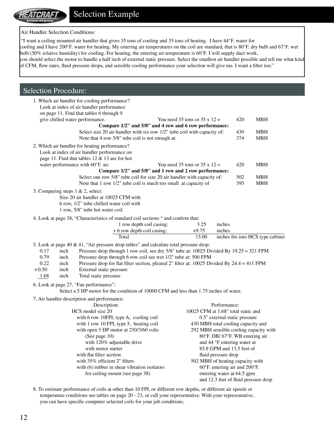 Heatcraft Refrigeration Products HCS manual Selection Example, Selection Procedure 