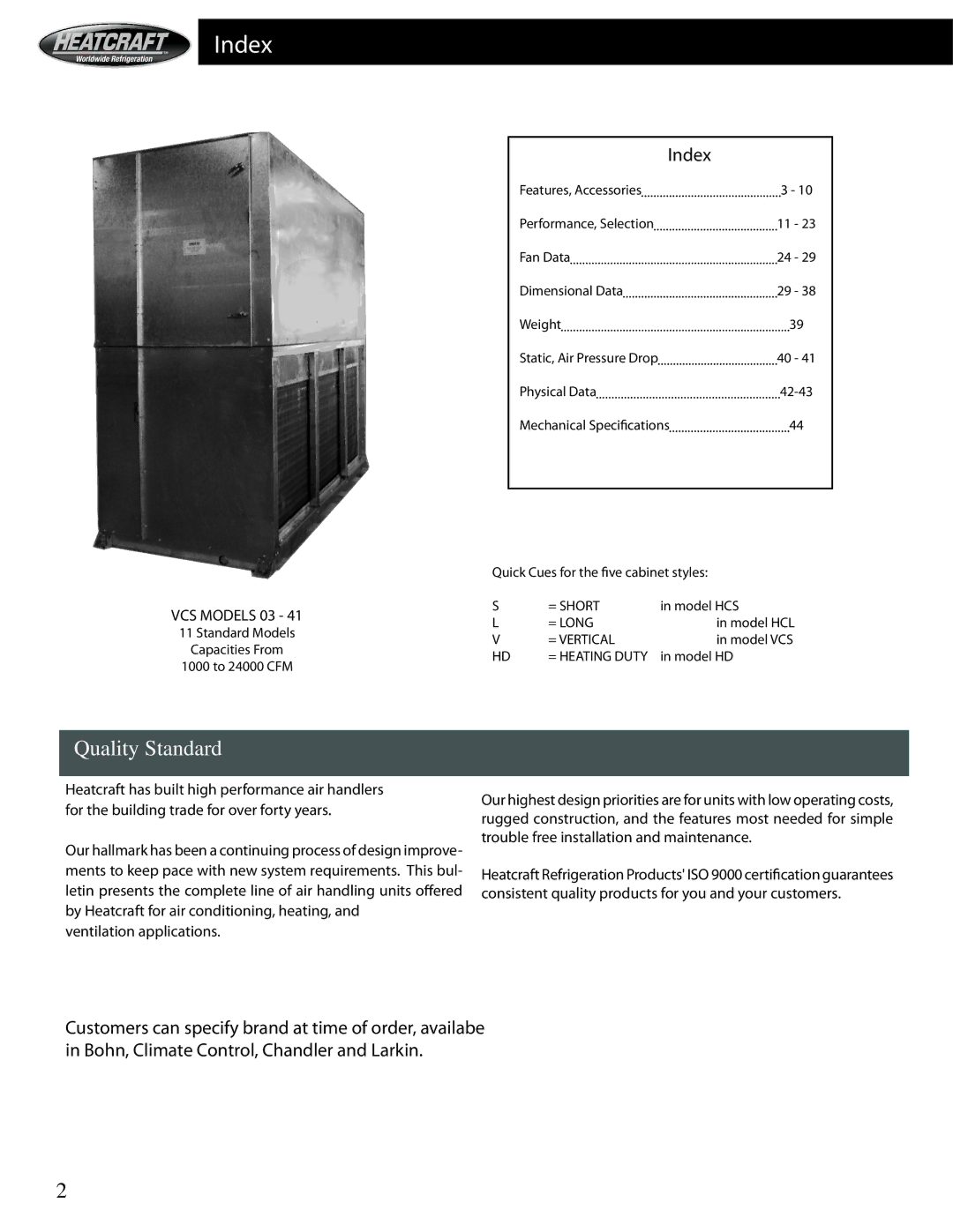 Heatcraft Refrigeration Products HCS manual Index, Quality Standard 