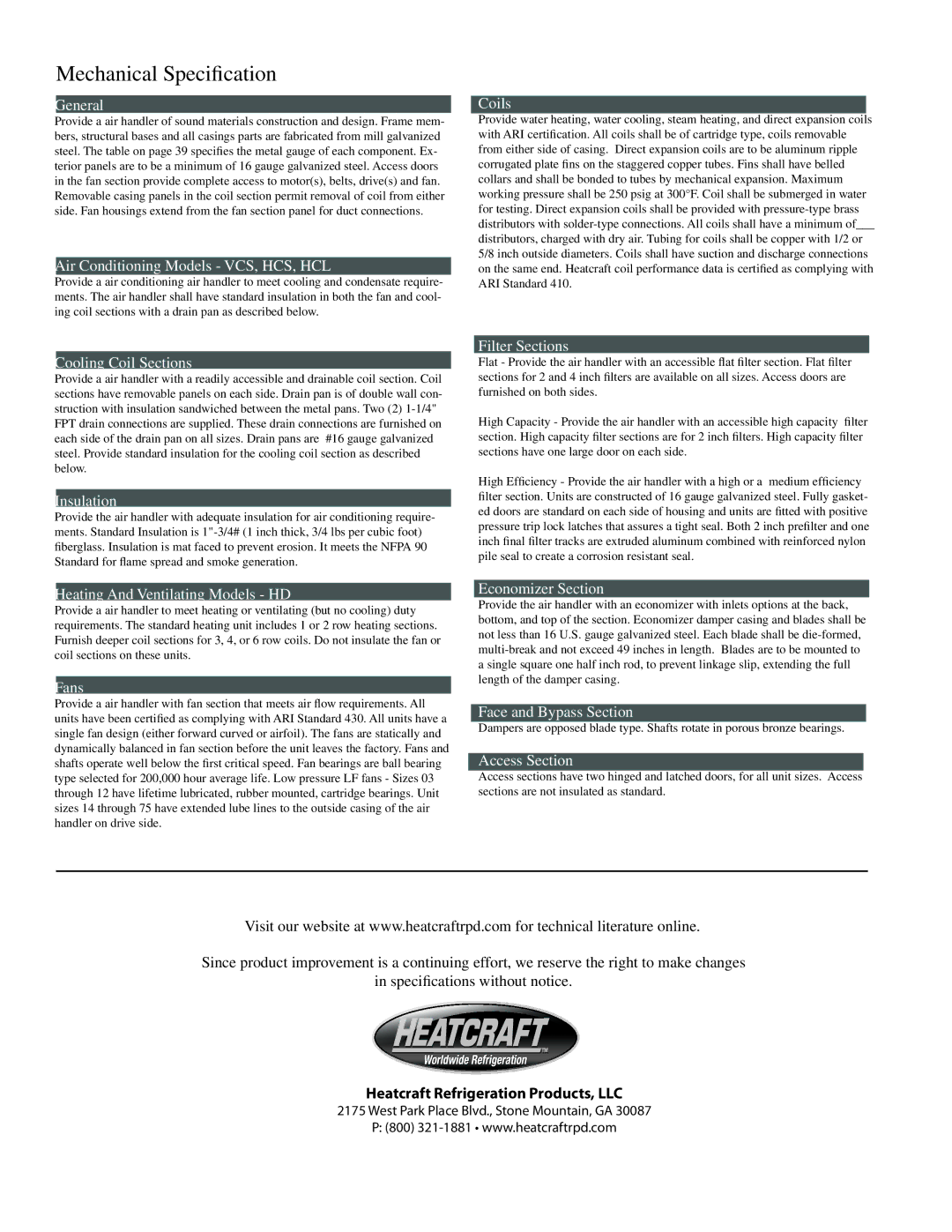 Heatcraft Refrigeration Products HCS manual Mechanical Specification 