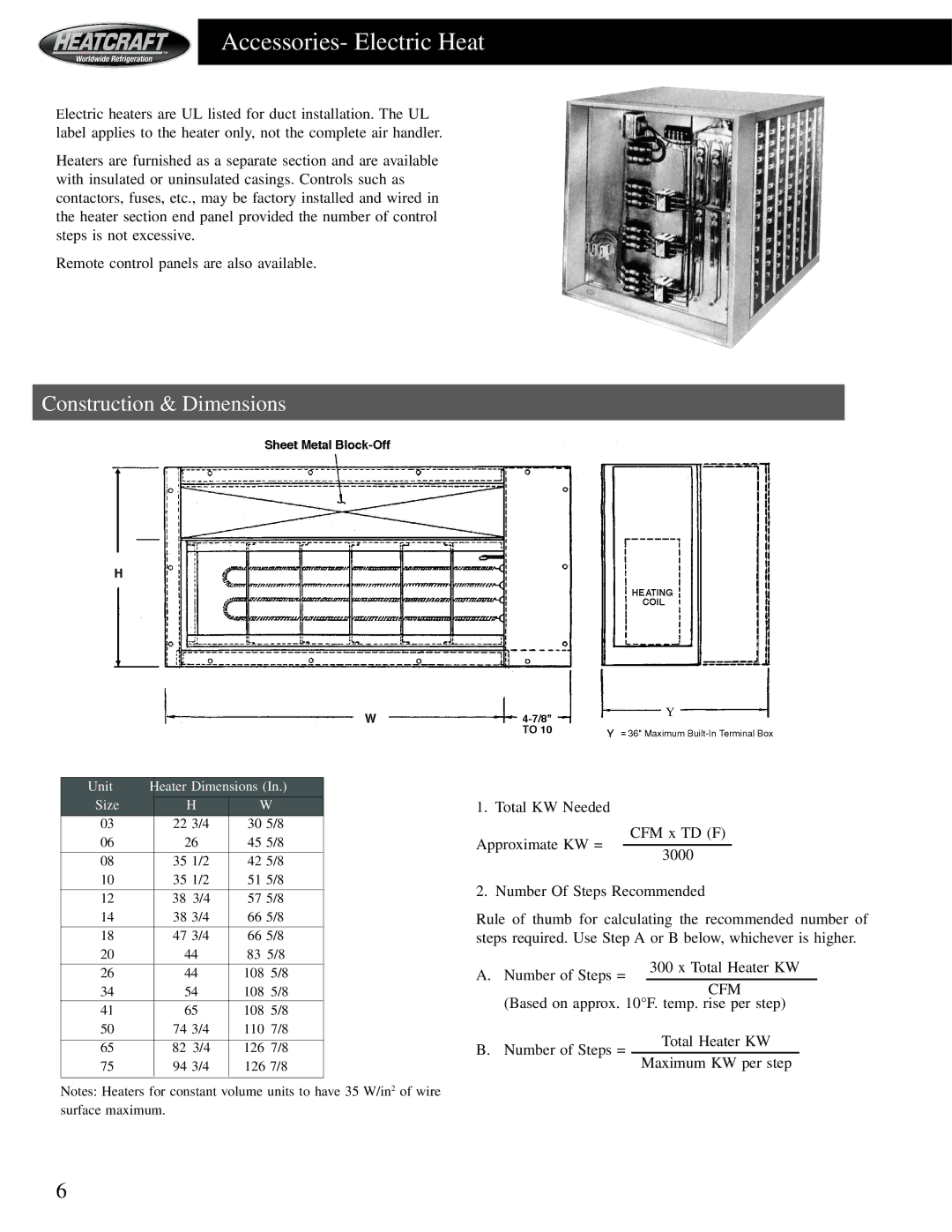 Heatcraft Refrigeration Products HCS Accessories- Electric Heat, Construction & Dimensions, Unit Heater Dimensions Size 