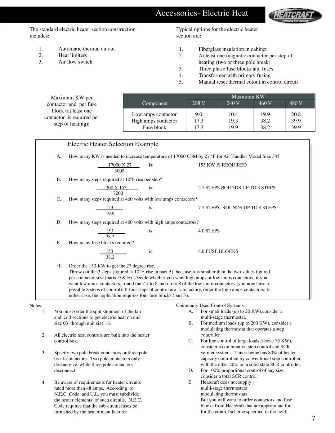 Heatcraft Refrigeration Products HCS manual Electric Heater Selection Example, Maximum KW, Component 208 240 460 480 