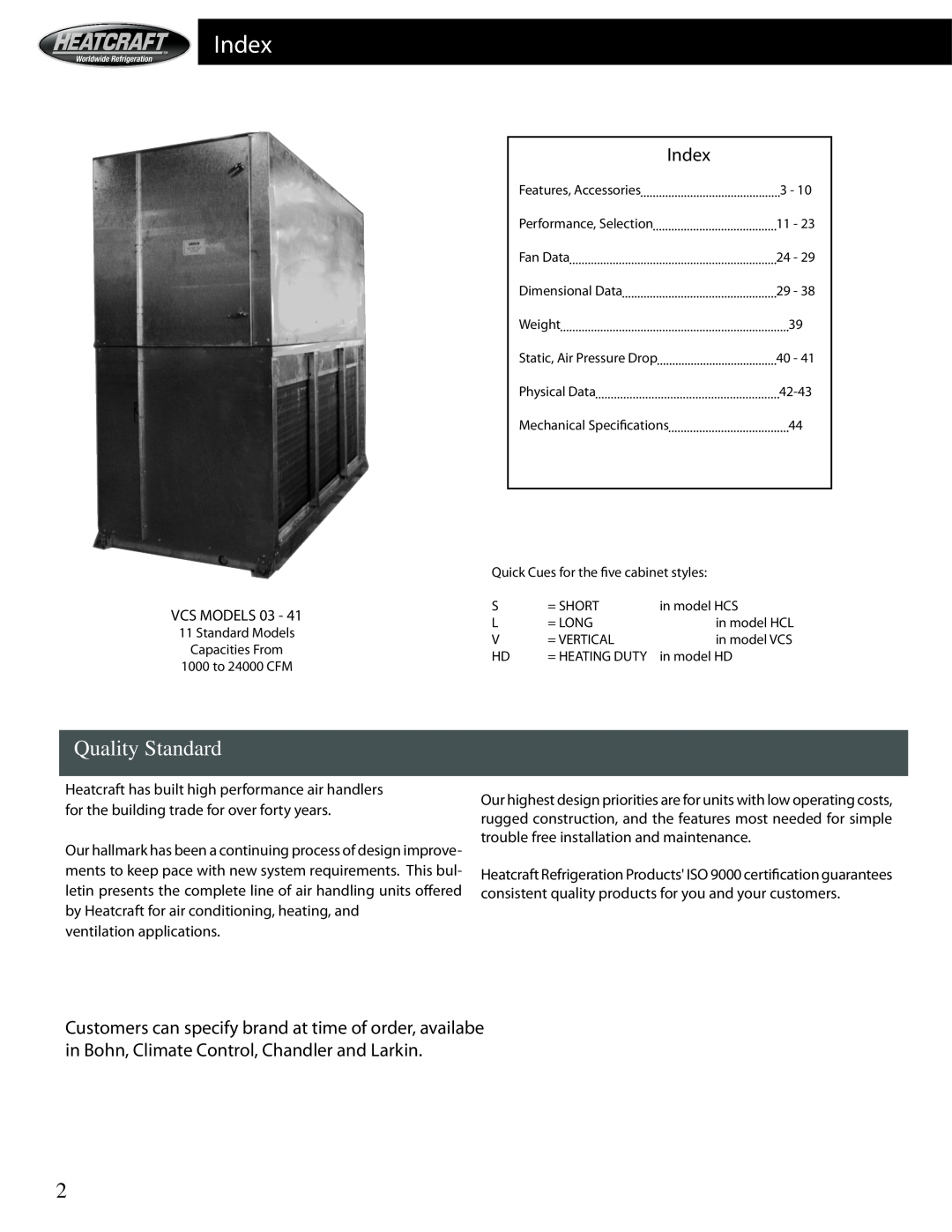 Heatcraft Refrigeration Products HCS manual Index, Quality Standard, Vcs Models, ventilation applications 