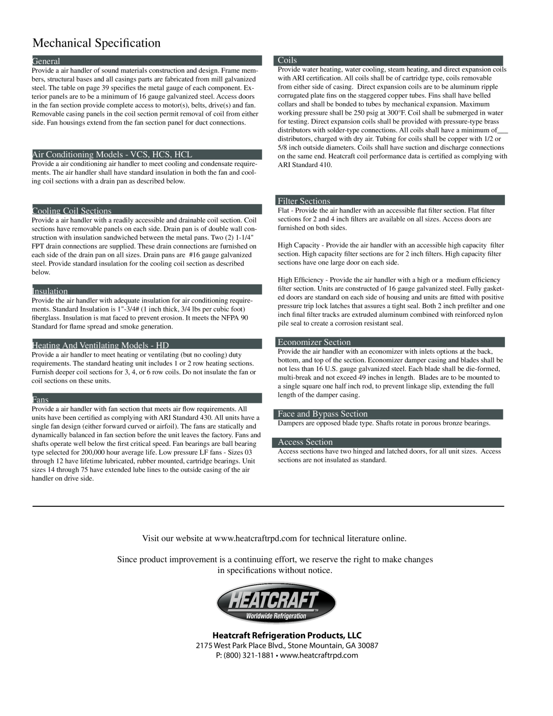 Heatcraft Refrigeration Products HCS manual Mechanical Specification, Heatcraft Refrigeration Products, LLC 