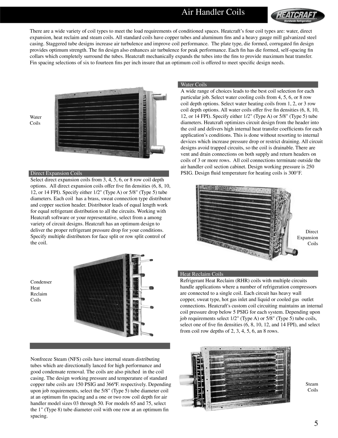 Heatcraft Refrigeration Products HCS manual Air Handler Coils, Direct Expansion Coils, Water Coils, Heat Reclaim Coils 