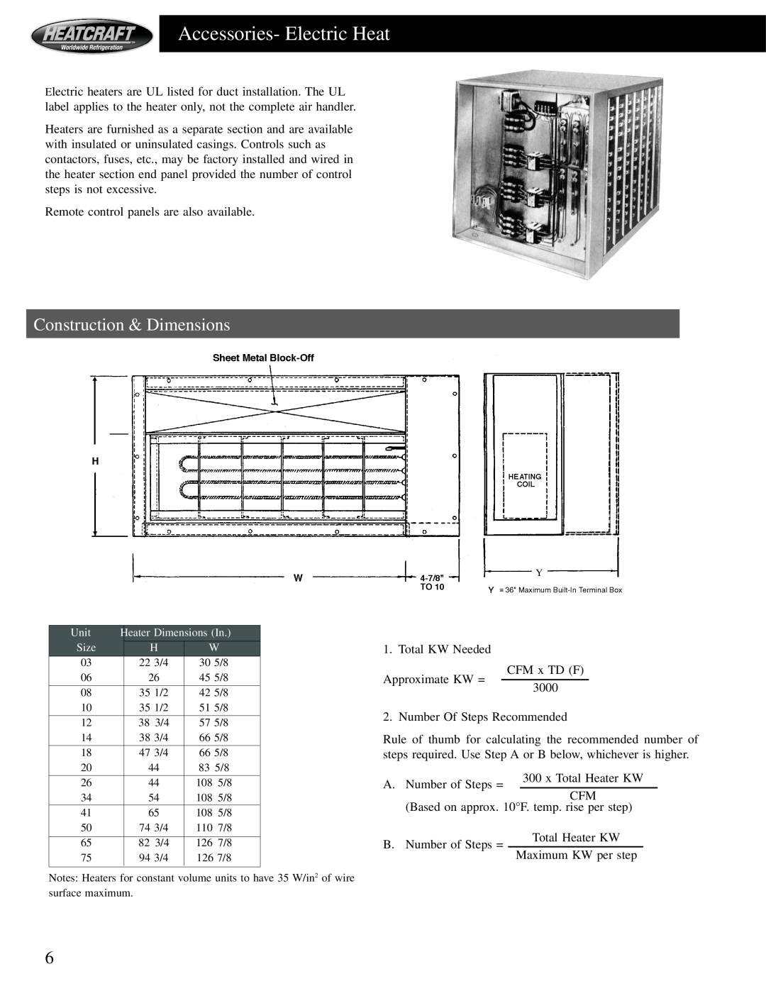 Heatcraft Refrigeration Products HCS manual Accessories- Electric Heat, Construction & Dimensions 