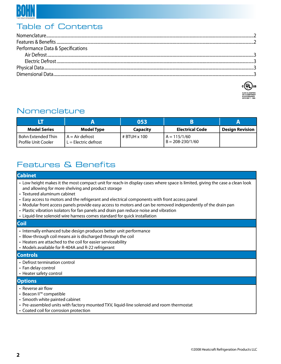 Heatcraft Refrigeration Products BN-ETPTB, LTL, LTA manual Table of Contents, Nomenclature, Features & Benefits 