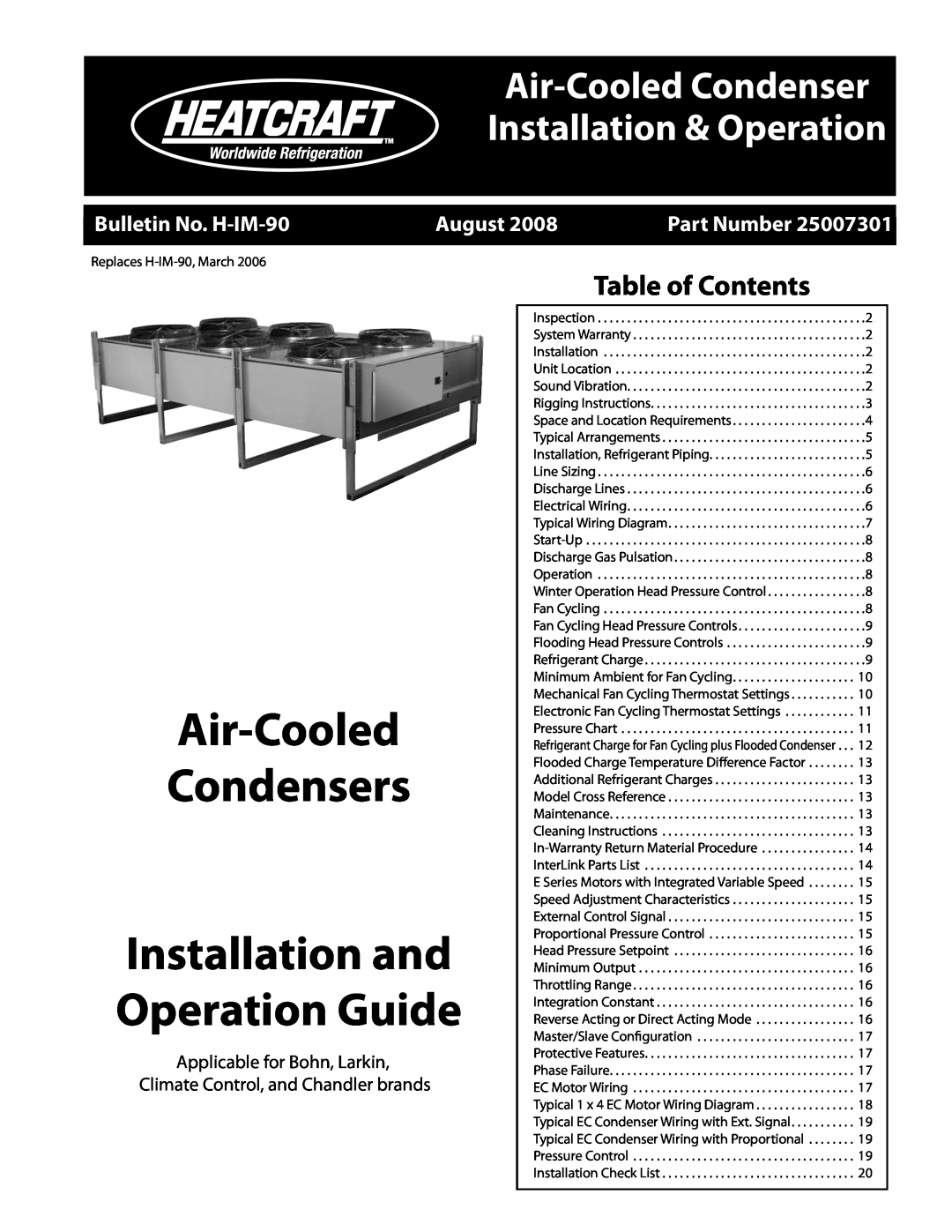 Heatcraft Refrigeration Products none installation and operation guide Table of Contents, Operation Guide, August 
