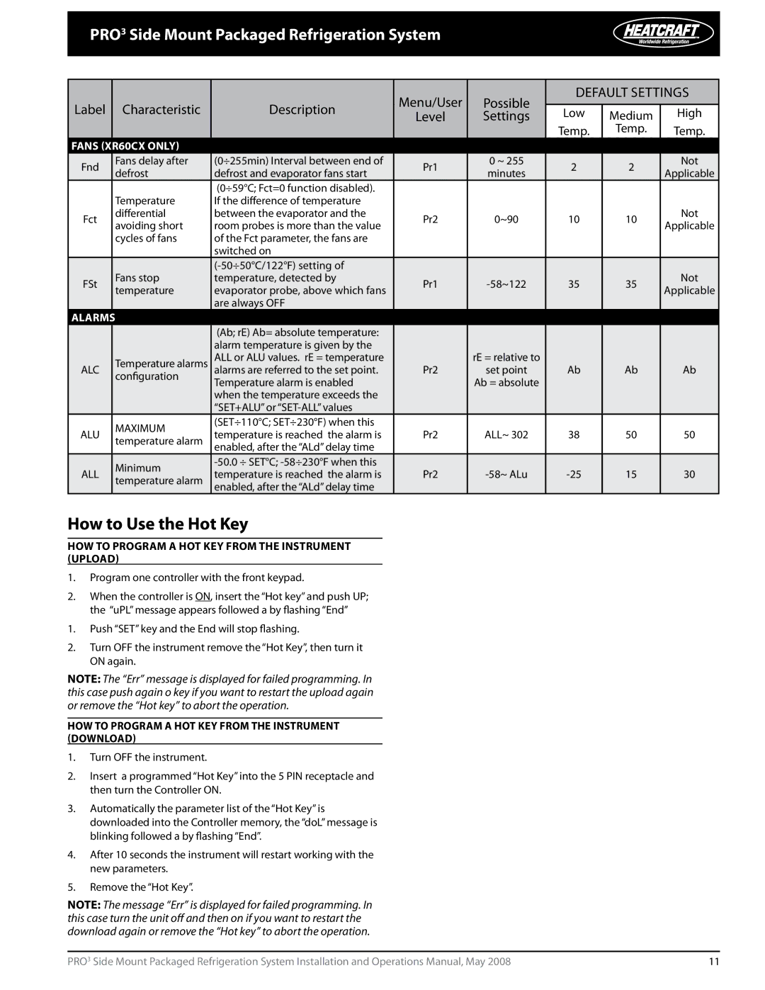 Heatcraft Refrigeration Products PRO3 manual How to Use the Hot Key, Fans XR60CX only, Alarms, Maximum 