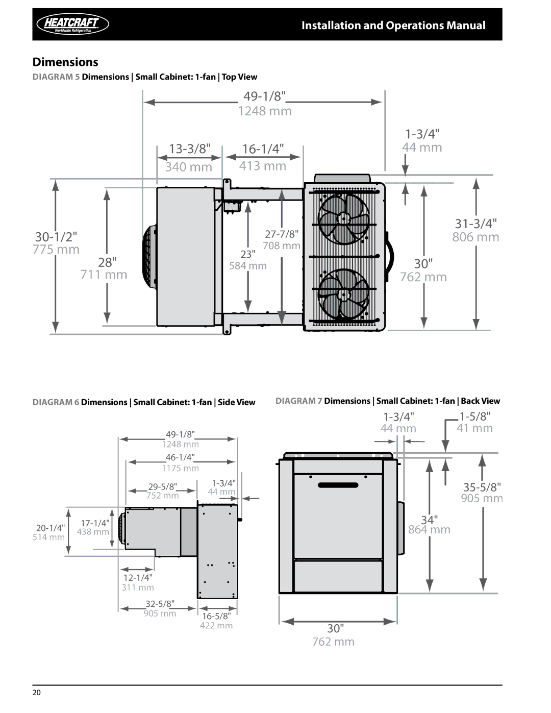 Heatcraft Refrigeration Products PRO3 manual Diagram 5 Dimensions Small Cabinet 1-fan Top View 