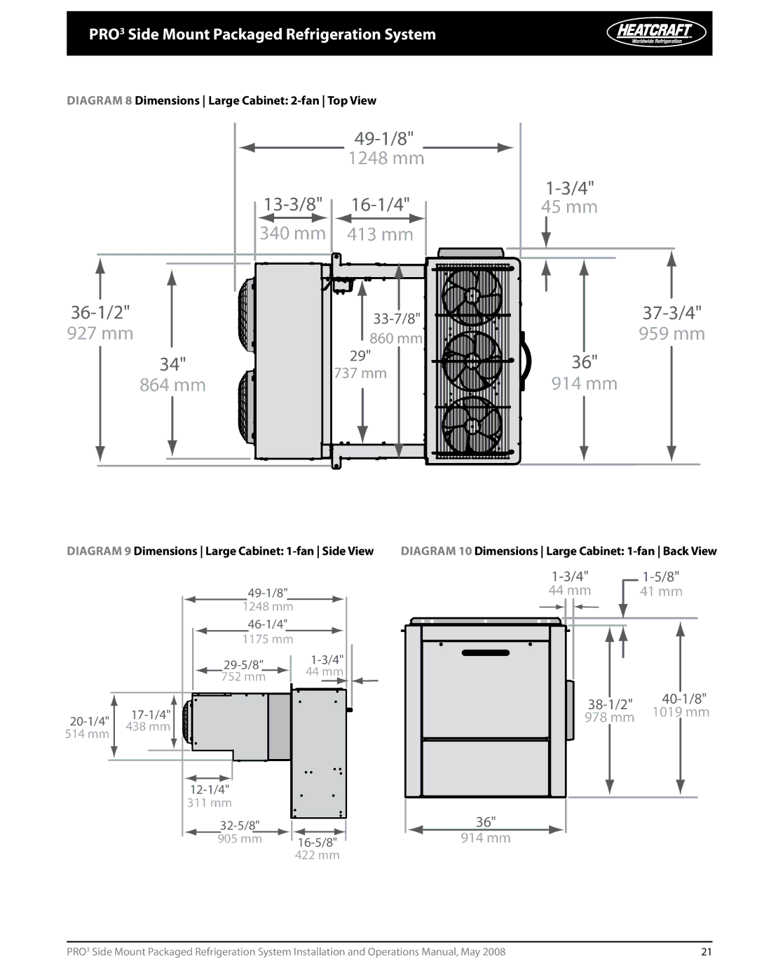 Heatcraft Refrigeration Products PRO3 manual Diagram 8 Dimensions Large Cabinet 2-fan Top View 