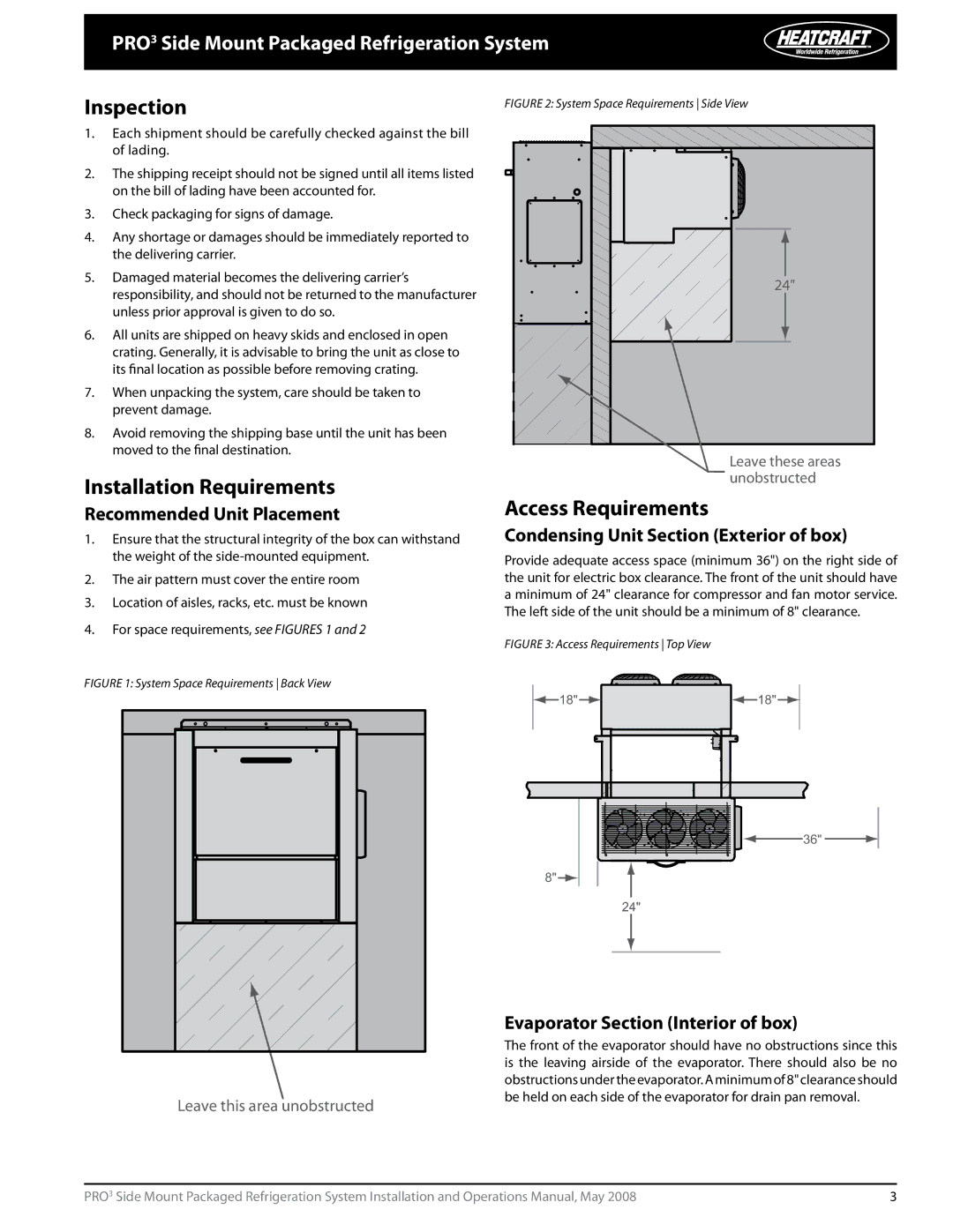 Heatcraft Refrigeration Products PRO3 manual Inspection, Installation Requirements, Access Requirements 