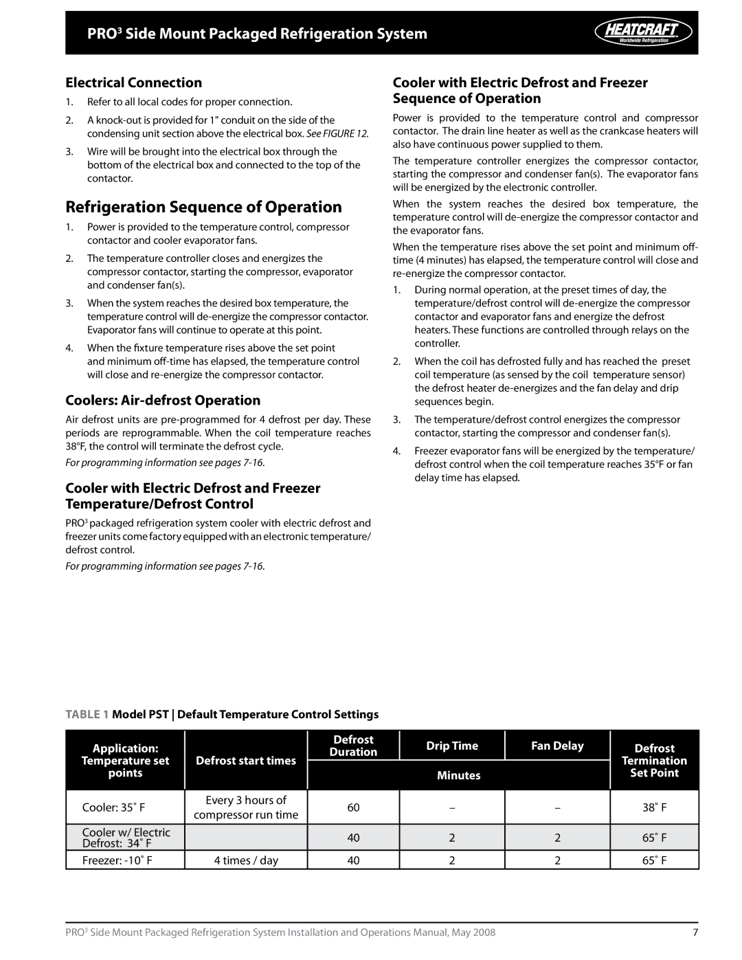 Heatcraft Refrigeration Products PRO3 manual Refrigeration Sequence of Operation, Electrical Connection 