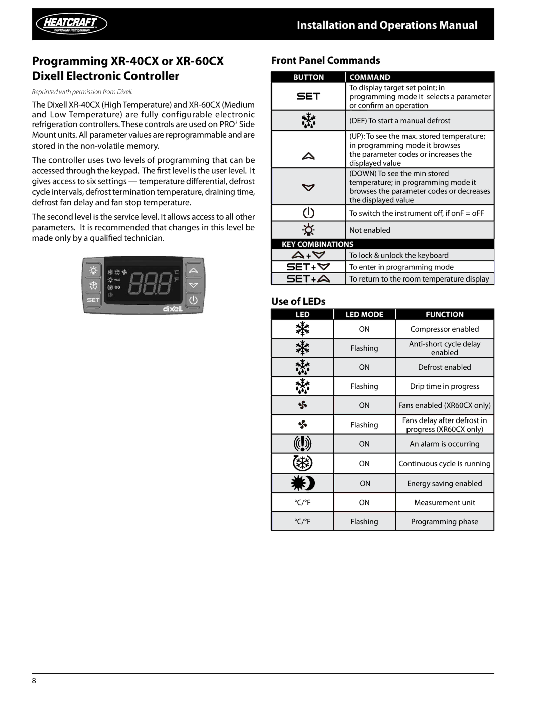 Heatcraft Refrigeration Products PRO3 manual Front Panel Commands, Use of LEDs, Button Command, Flashing, Fon 