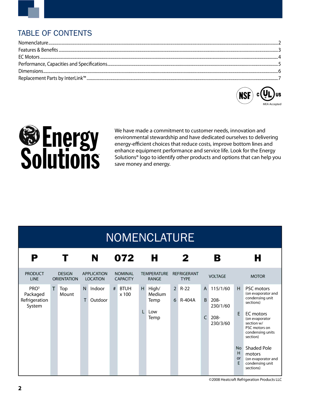 Heatcraft Refrigeration Products PTT, PTN manual Nomenclature, Table of Contents 