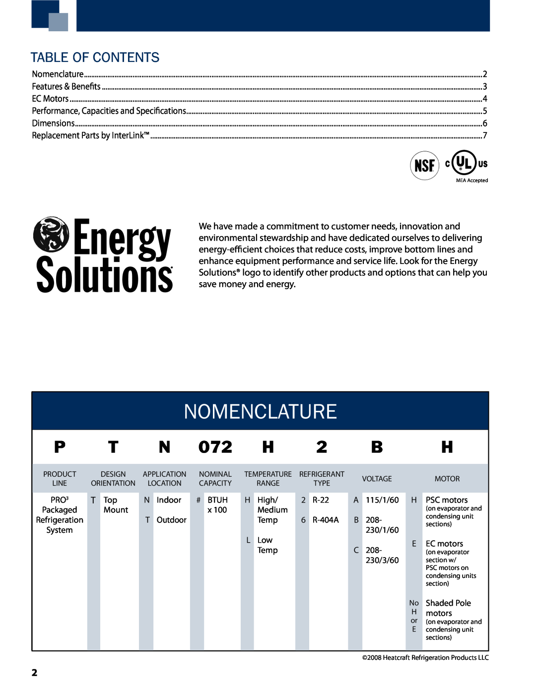 Heatcraft Refrigeration Products PTT, PTN manual Table of Contents, Nomenclature 