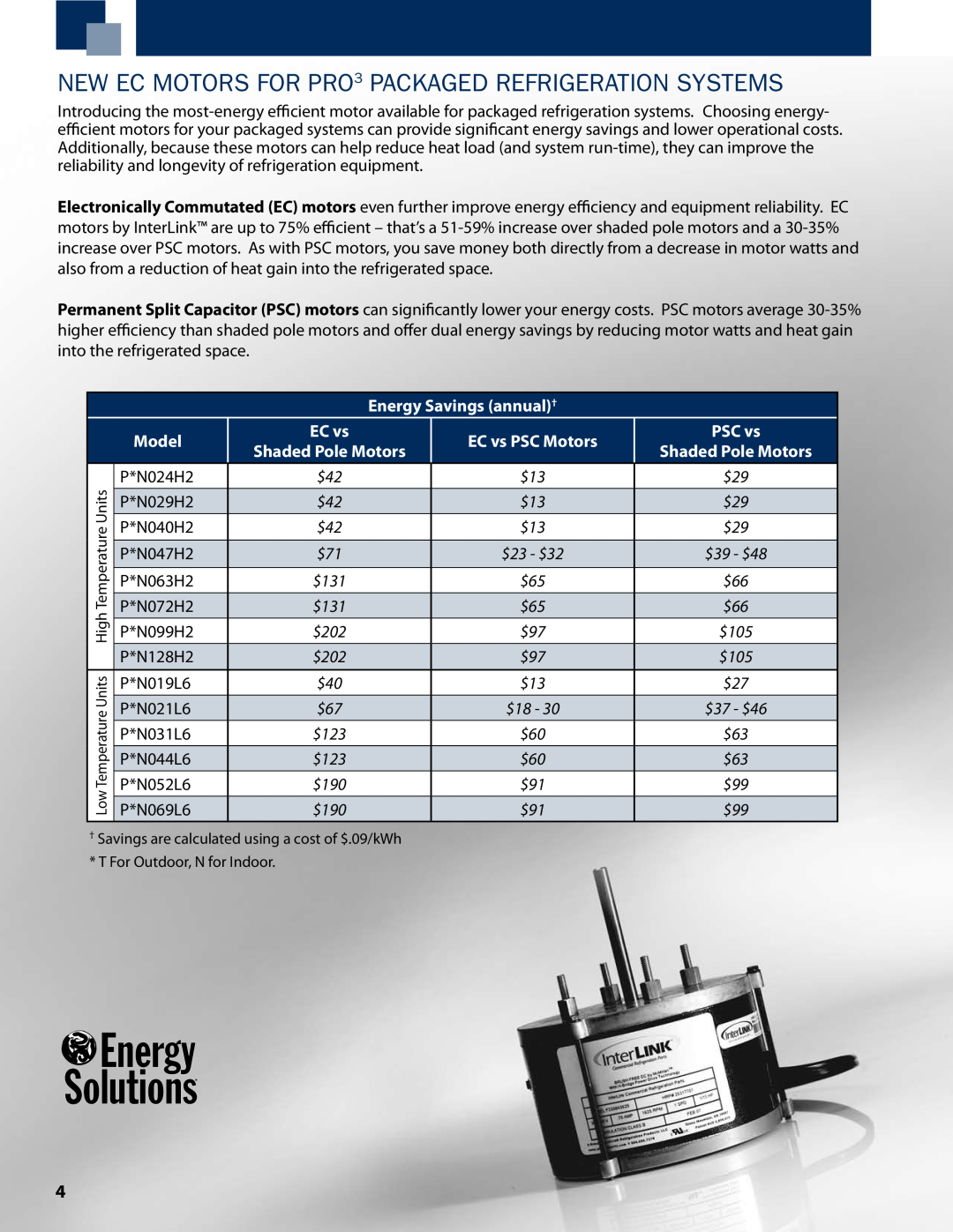 Heatcraft Refrigeration Products PTT, PTN manual Energy Savings annual†, Model, EC vs PSC Motors 
