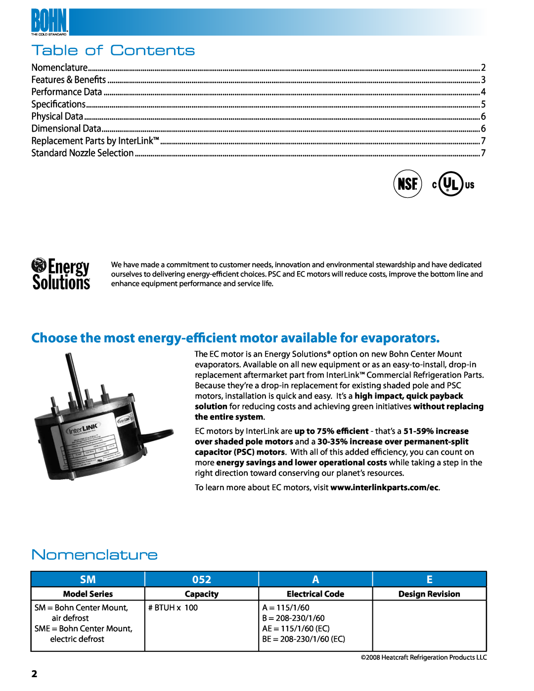 Heatcraft Refrigeration Products SME, BN-CMTB manual Table of Contents, Nomenclature 