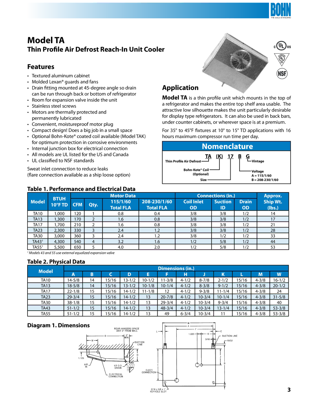 Heatcraft Refrigeration Products KMK, TL, VA Model TA, Thin Profile Air Defrost Reach-In Unit Cooler Features, Application 