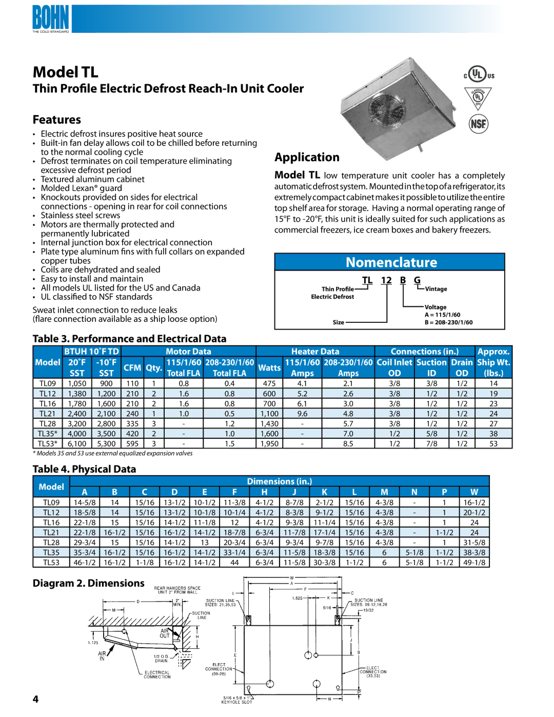 Heatcraft Refrigeration Products VA, TA, KMK, BBM, RAMK Model TL, Thin Profile Electric Defrost Reach-In Unit Cooler Features 