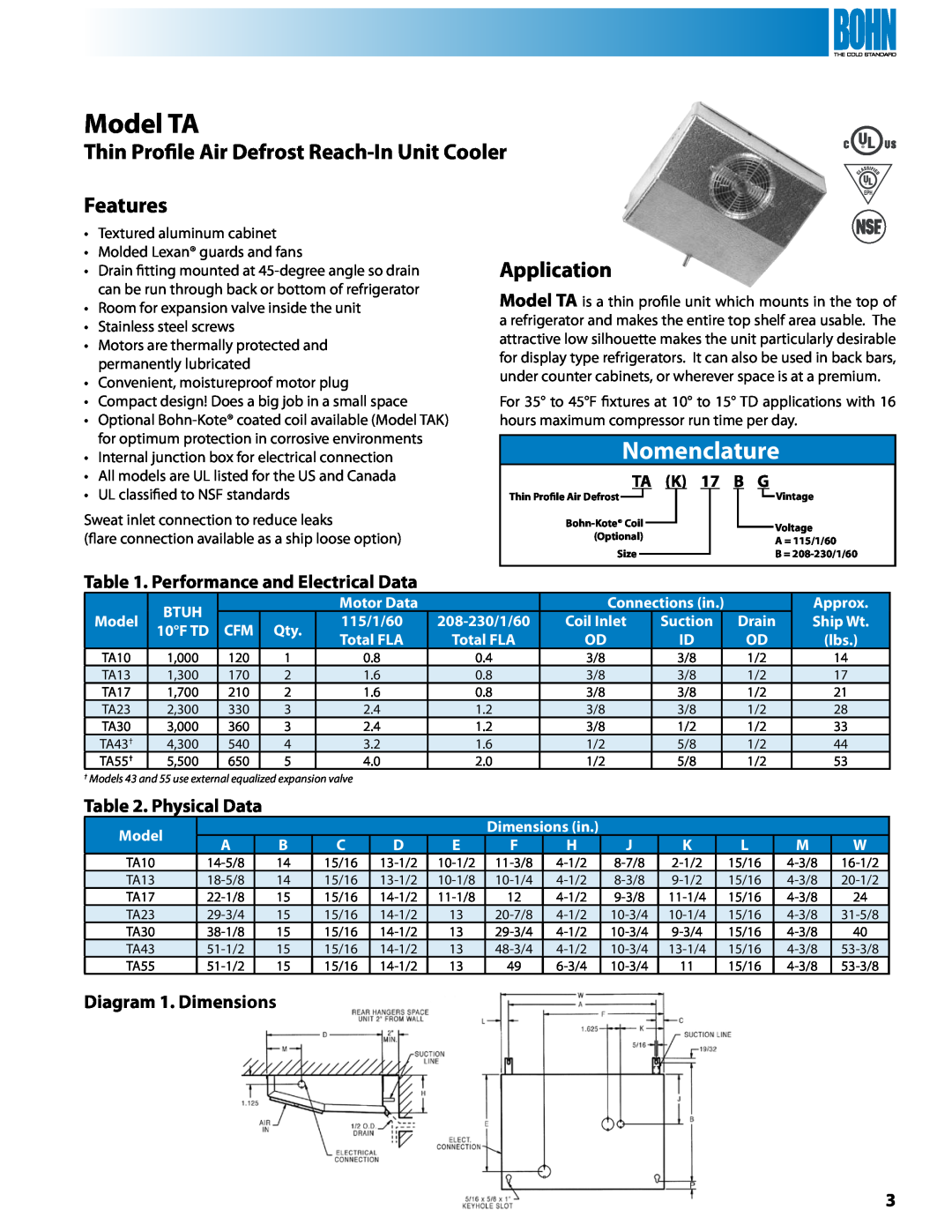 Heatcraft Refrigeration Products KMK, TL, VA Model TA, Nomenclature, Thin Profile Air Defrost Reach-InUnit Cooler, Features 